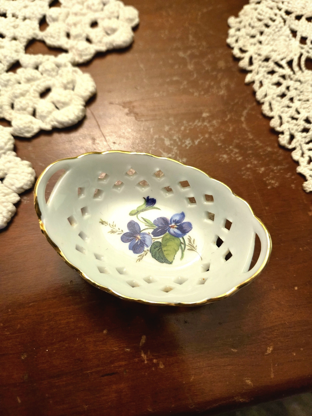 Porcelain Violets Dish with Gold Trim